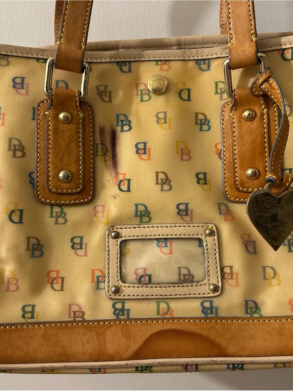 Dooney & Bourke Yellow Multicolor DB Logo Tote with Tan Trim